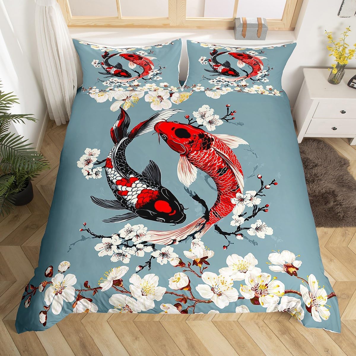Housse de couette 140x200 koï imprimée 3D en microfibre ultra douce de style japonais