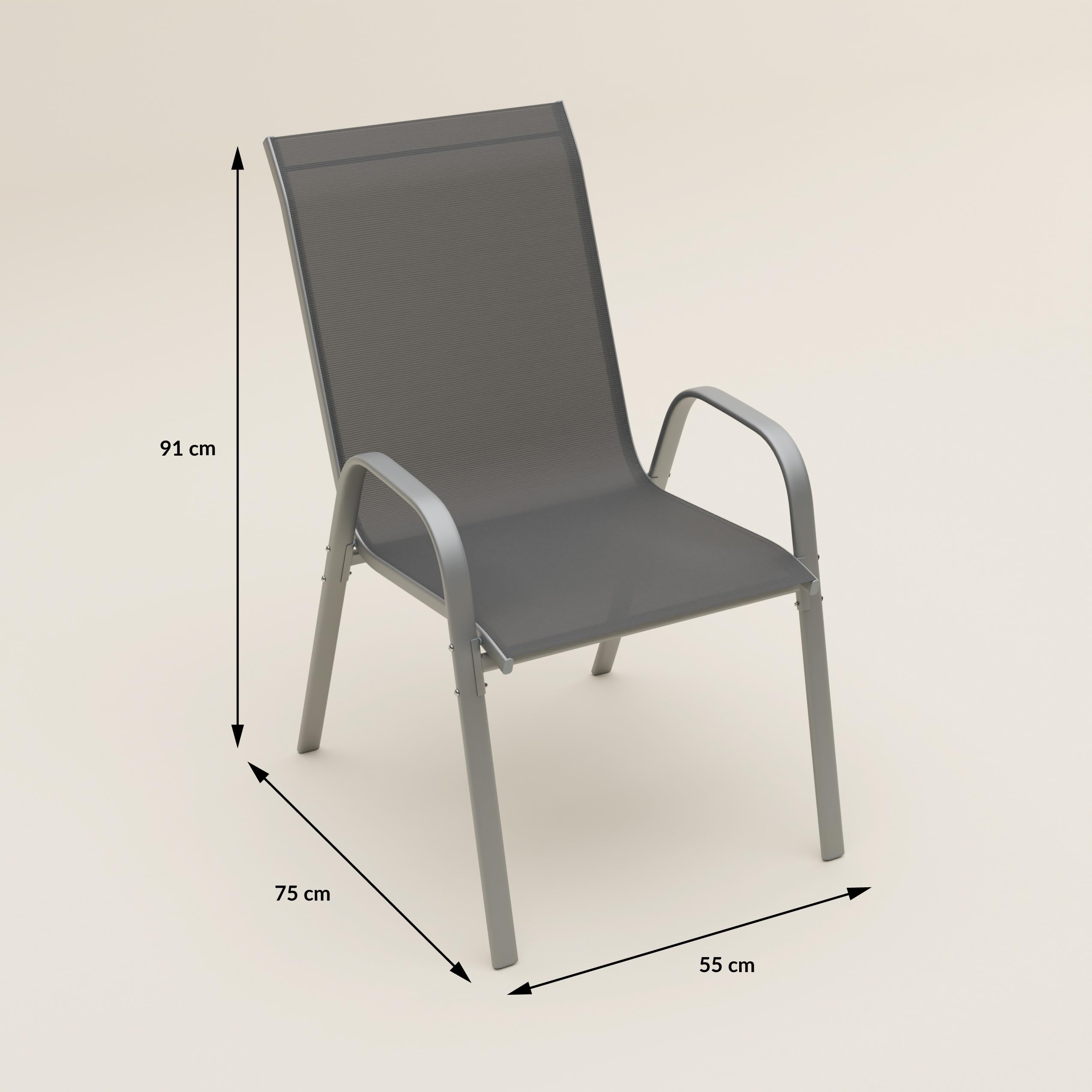 ZENJOY, Kindly, Gartenmöbel Set mit 6 Stühlen, Gartenmöbel Set, 150x90cm Glastisch mit Loch für einen Regenschirm, Stapelbare Textilene-Stühle, Wetterfest, UV-beständig, Grau