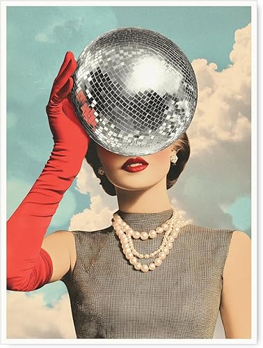 Póster de bola de discoteca retro de los años 70 con diseño de bola de espejo con ambiente pop de lujo para sala de estar, dormitorio o dormitorio,