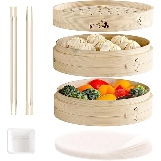 Prime Home Direct Bamboo Steamer Basket 10 inch, Dumpling Maker, Vegetable Steamer, 2 Tier Food Steamer Includes 2 Sets of Chopsticks, 1 Sauce Dish & 50 Liners - Multi-use Steamer Basket