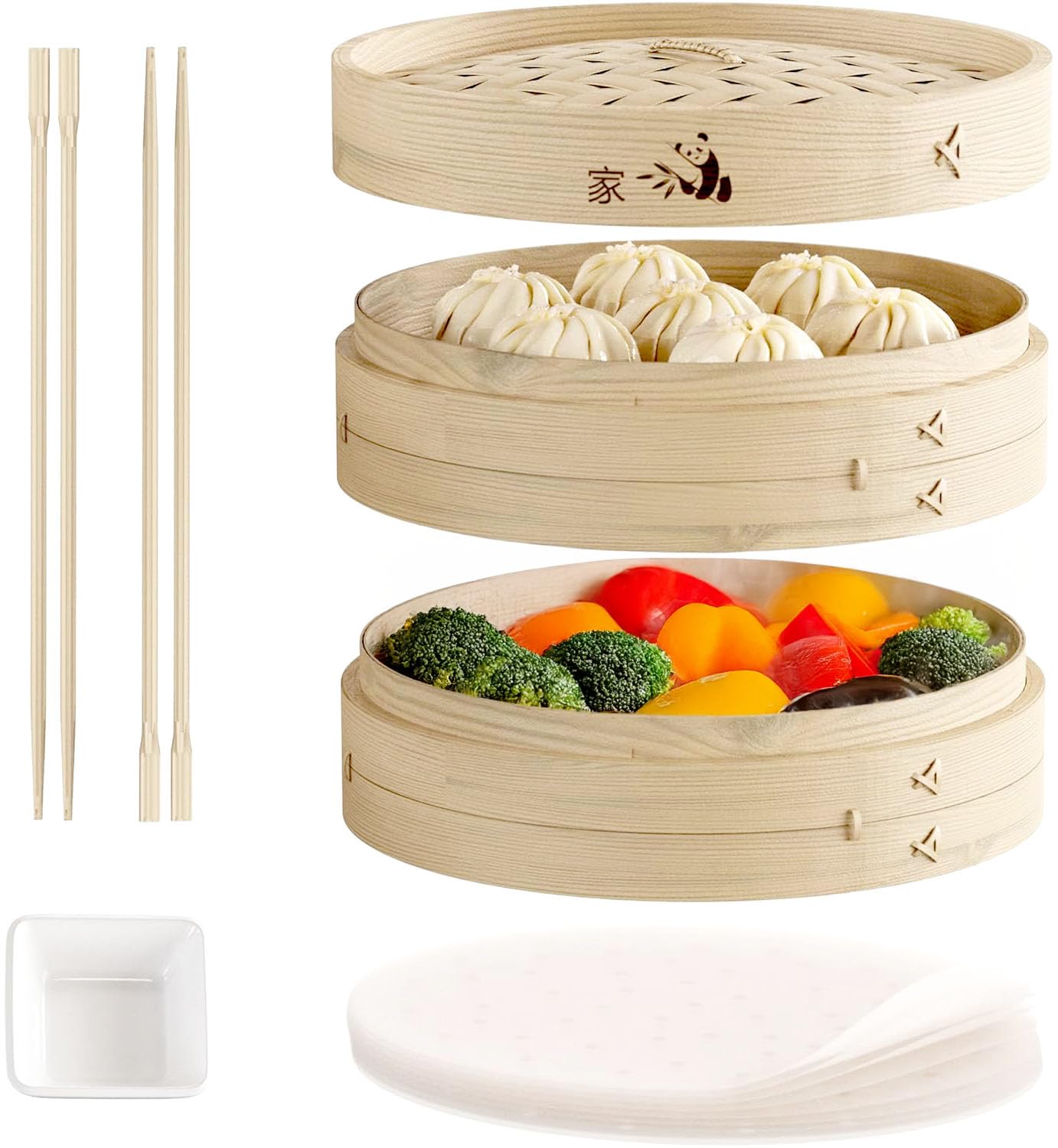Prime Home Direct Bamboo Steamer Basket 10-inch | 2-Tier Steamer for Cooking | 50 Liners, Chopsticks, Sauce Dish | Dumpling Steamer, Food Steamer Baskets for Cooking - Rice & Vegetable Steamer Pot
