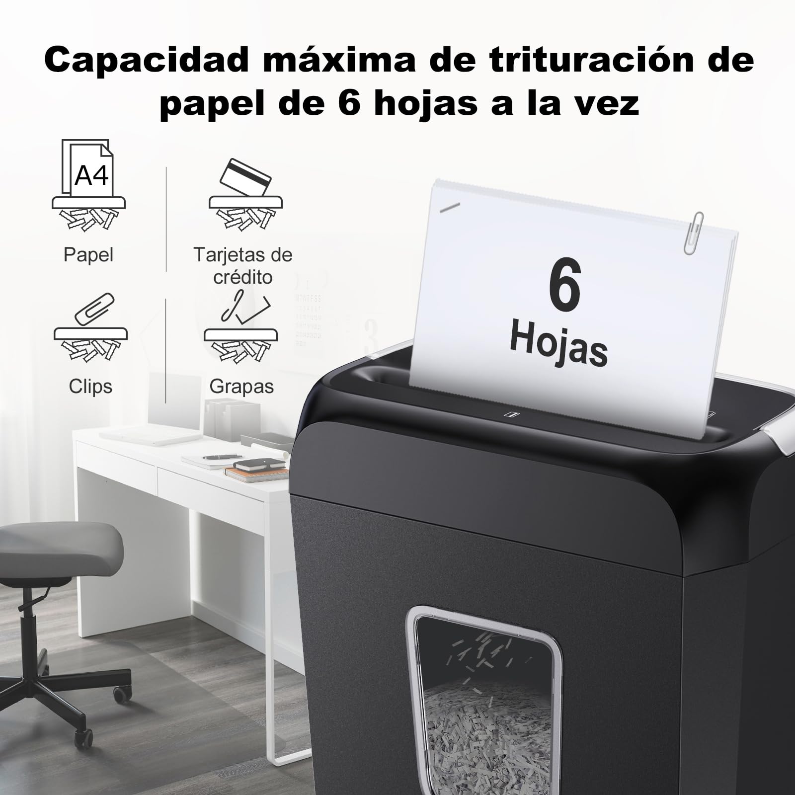 Bonsaii Destructora de Papel, destruye 6 Hojas a la Vez, Puede triturar Tarjetas de crédito y Clips de Oficina, destructora de Papel para casa con un contenedor de residuos de 13 litros, C237-B