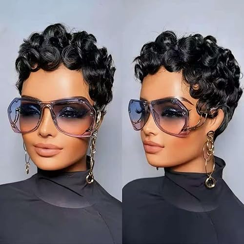 Pixie Cut Wigs for Black Women Short Layered Pixie Human Hair Wigs With Bangs Natural Black Color Glueless Short Curly Human Hair Wig Full Machine Made