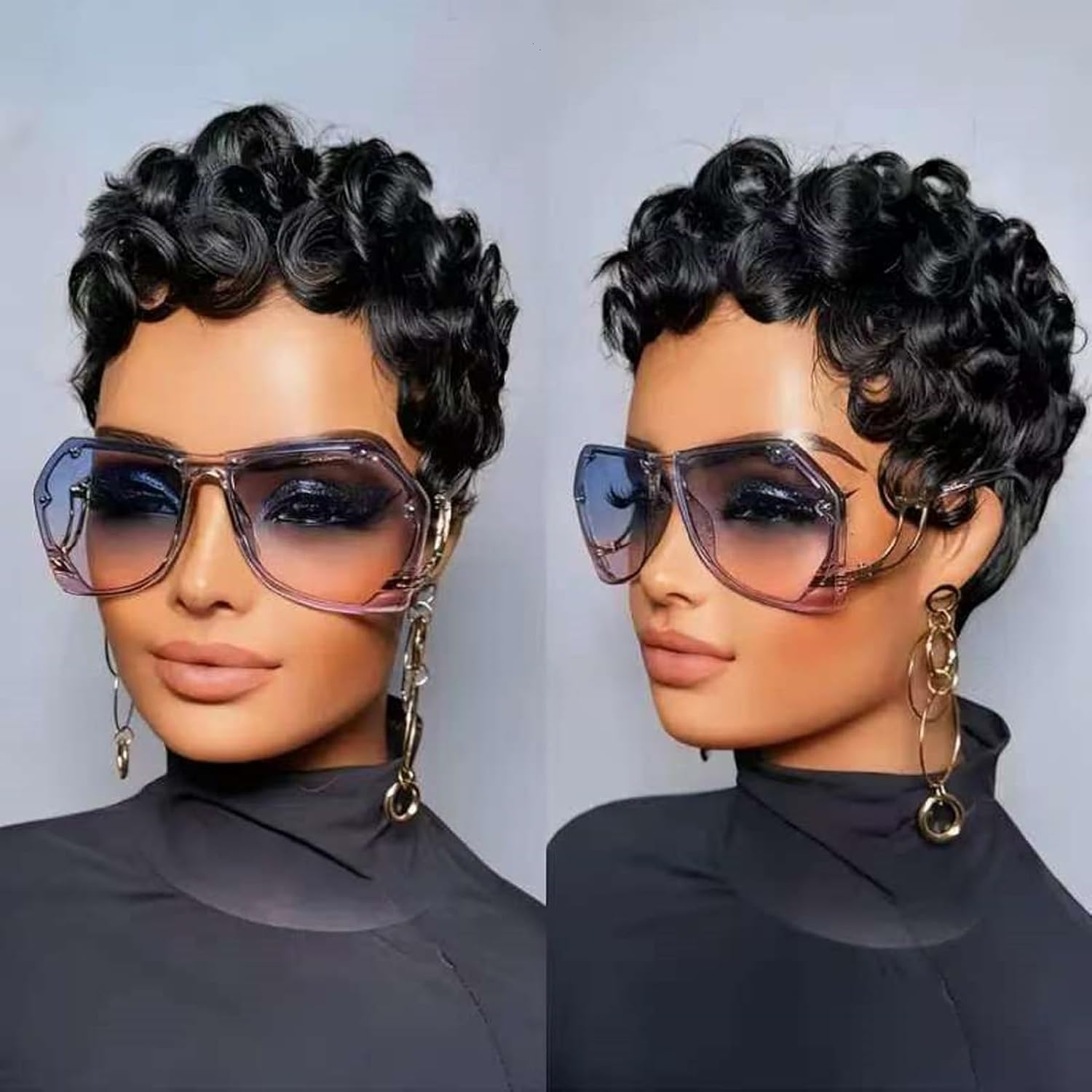 pixie cut wigs for black women short layered pixie human hair wigs with bangs natural black color glueless short curly human hair wig full machine made 21e#black