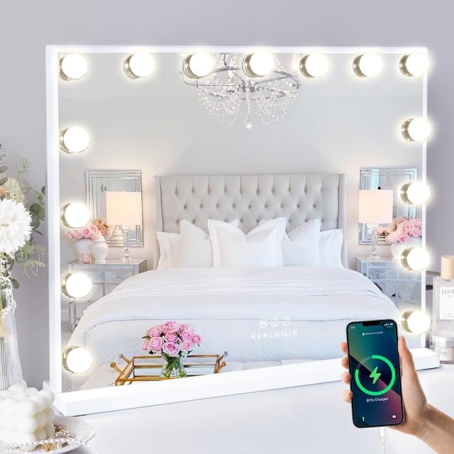 FENCHILIN Hollywood Mirror Vanity Mirror with Lights USB Port 15 Dimmable Lightbulbs 3 Lighting Modes for Dressing Table Vanity Mirror Makeup Mirror 10x Magnifying Glass Touchscreen 58x46cm