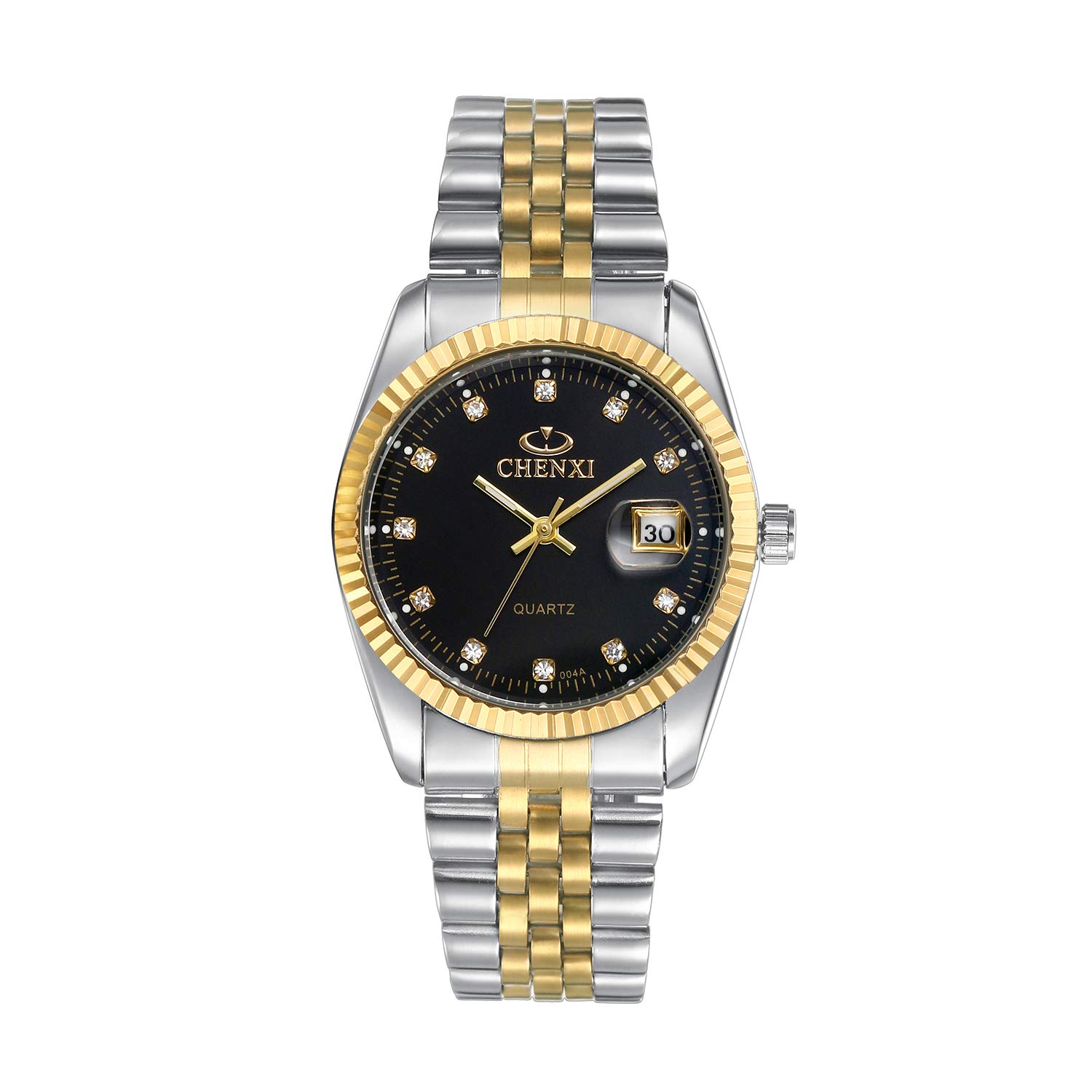 OIDEA Armbanduhr mit Strass für Pärchen Edelstahl: Gold Schwarz Analog Quarz Herrenuhr Damenuhr mit Datum Zifferblatt mit Leuchtende Zeiger & Diamantskala Geschenk für Verliebte Partner Paare