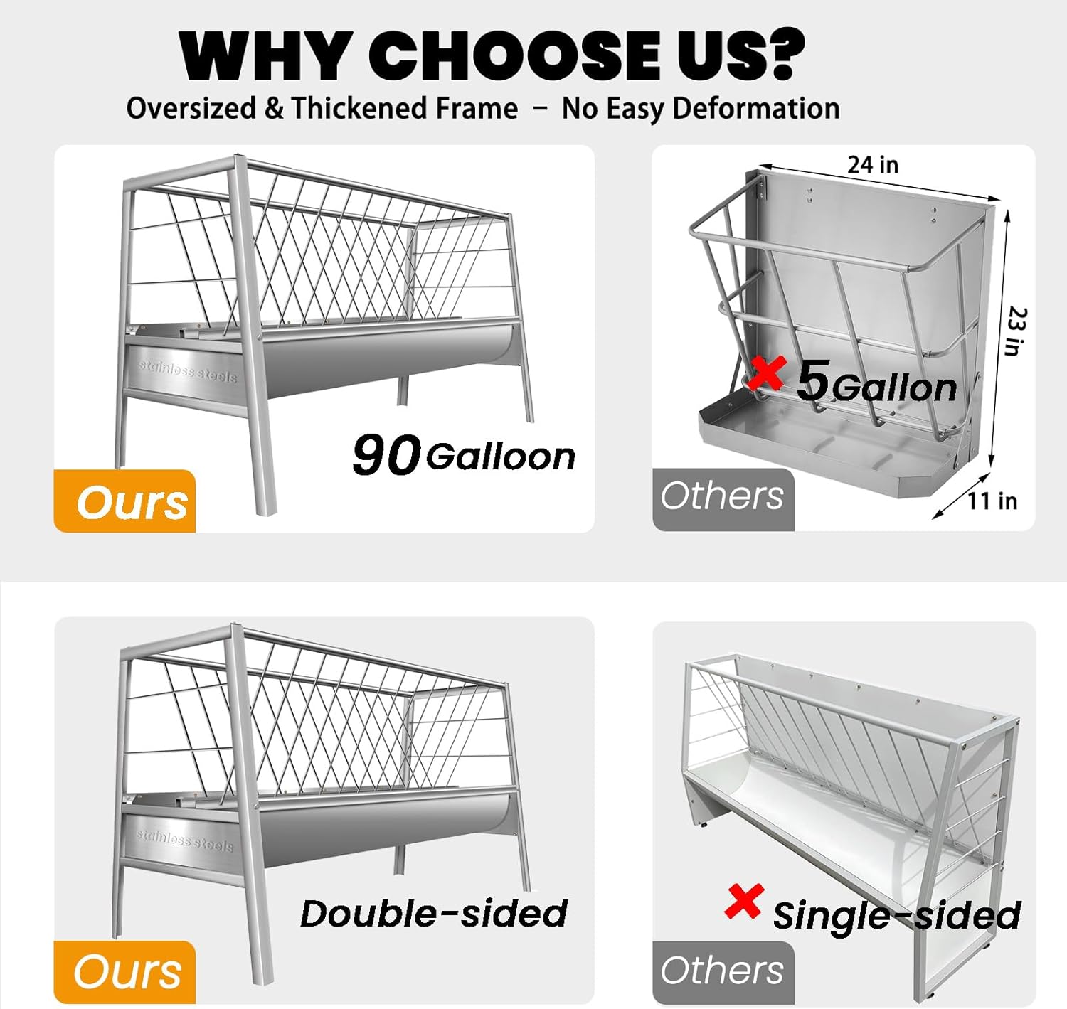 Upgraded 2 in 1 Livestock Pasture Feeder, Premium Stainless Steel Goat Hay Feeder, 5FT Long Feed Horse Hay Feeder with Durable Frame, Hay Rack for Horses,Foal,Cows, Goats