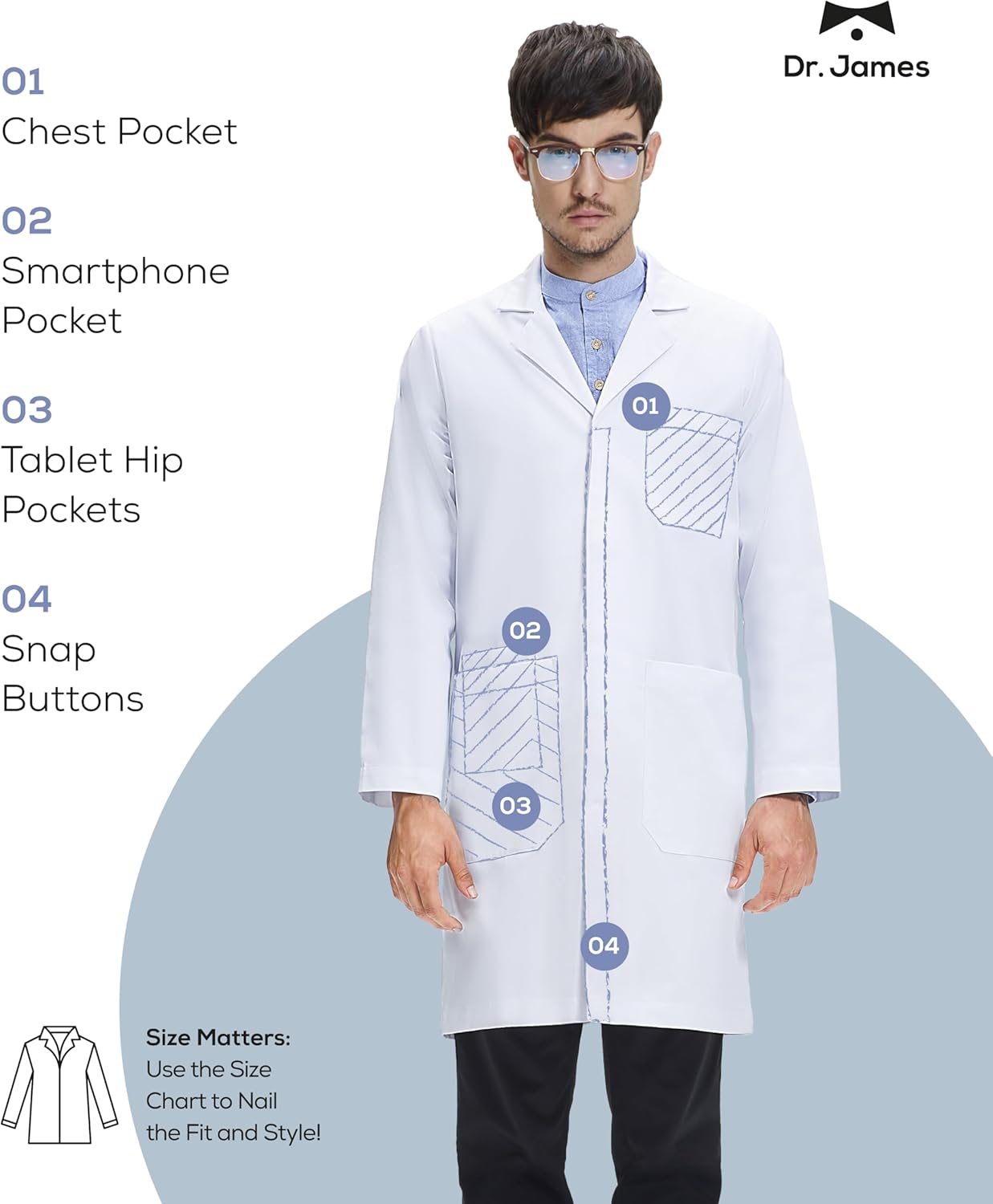 Dr. James Unisex Lab Coat – White Medical Coat, Classic Fit, 3 Pockets + Phone Slot, Safety Snaps, OEKO-TEX® Certified
