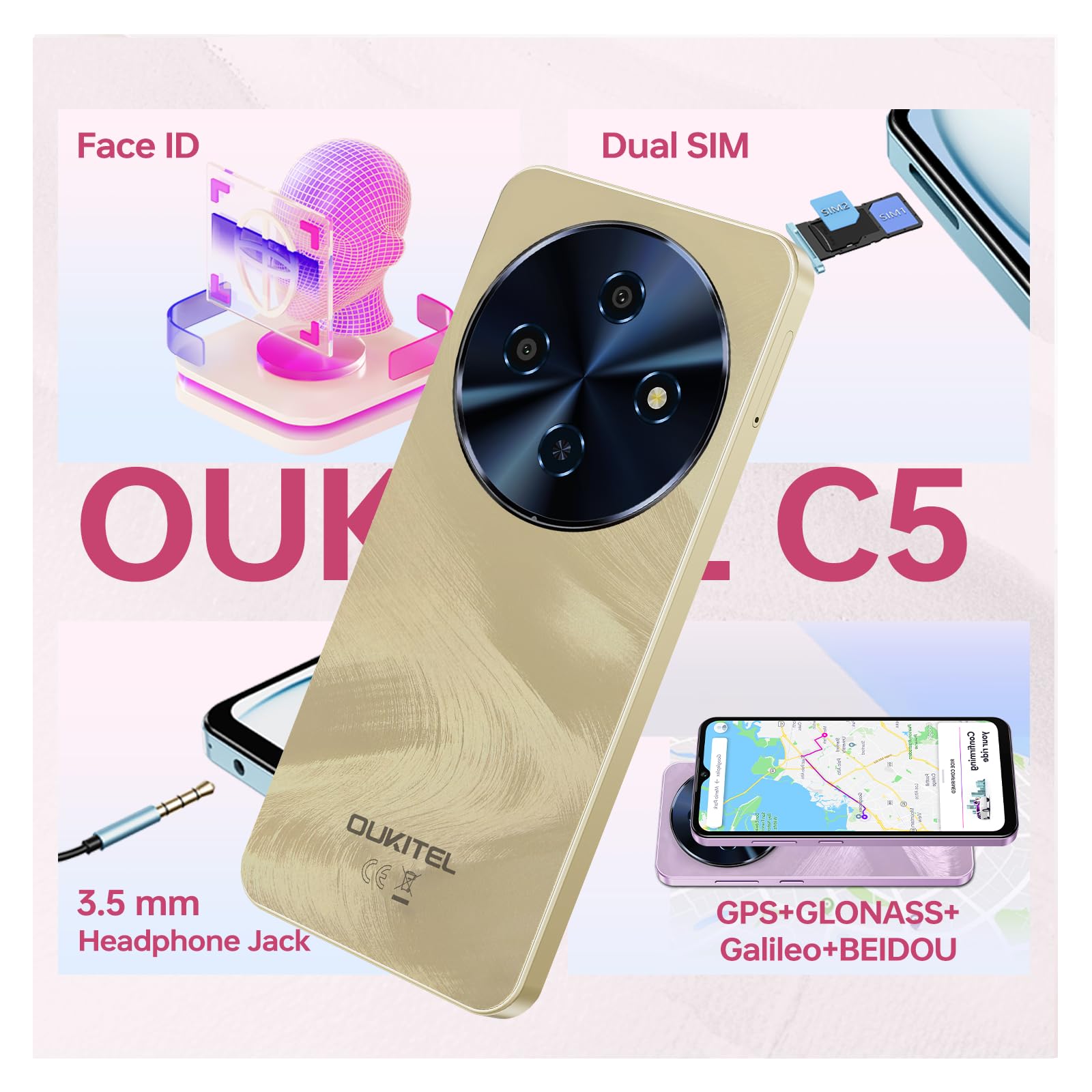 OUKITEL C5 Cheap Mobile Phone 16(4+12) GB/128GB/TF 1TB, Smartphone