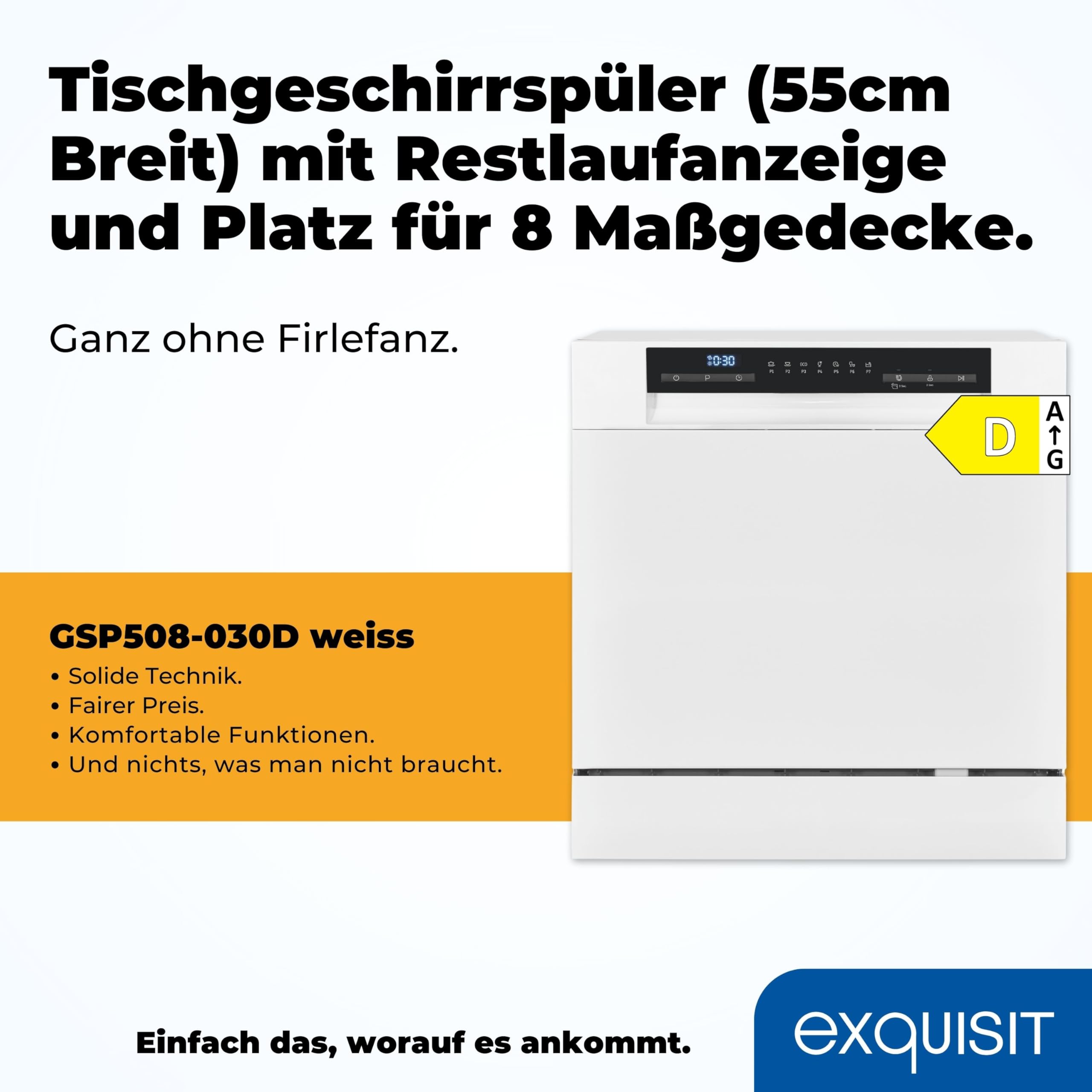 Exquisit Tischgeschirrspüler GSP508-030D weiss 55 cm freistehend 8 Maßgedecke LED Display
