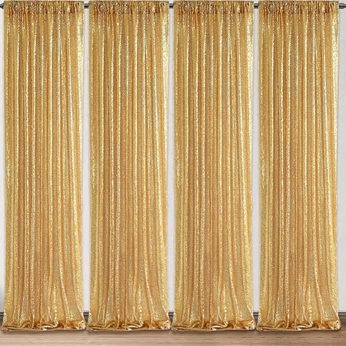 SquarePie Cortina tipo telón de fondo de lentejuelas doradas de 2 x 8 pies, 4 piezas de fondo brillante para fiesta de boda