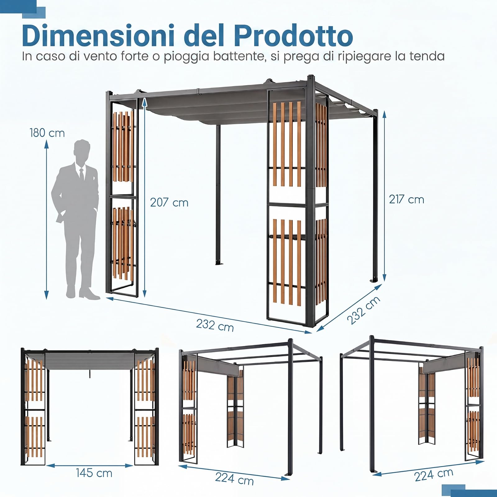COSTWAY Gazebo da Giardino, Gazebo da Esterno con 2 Paraventi, Copertura Avvolgibile, Struttura Metallica e 8 Picchetti per Mercatini, Fiere e Campeggio, 230 x 230 x 220 cm (Stile 1)