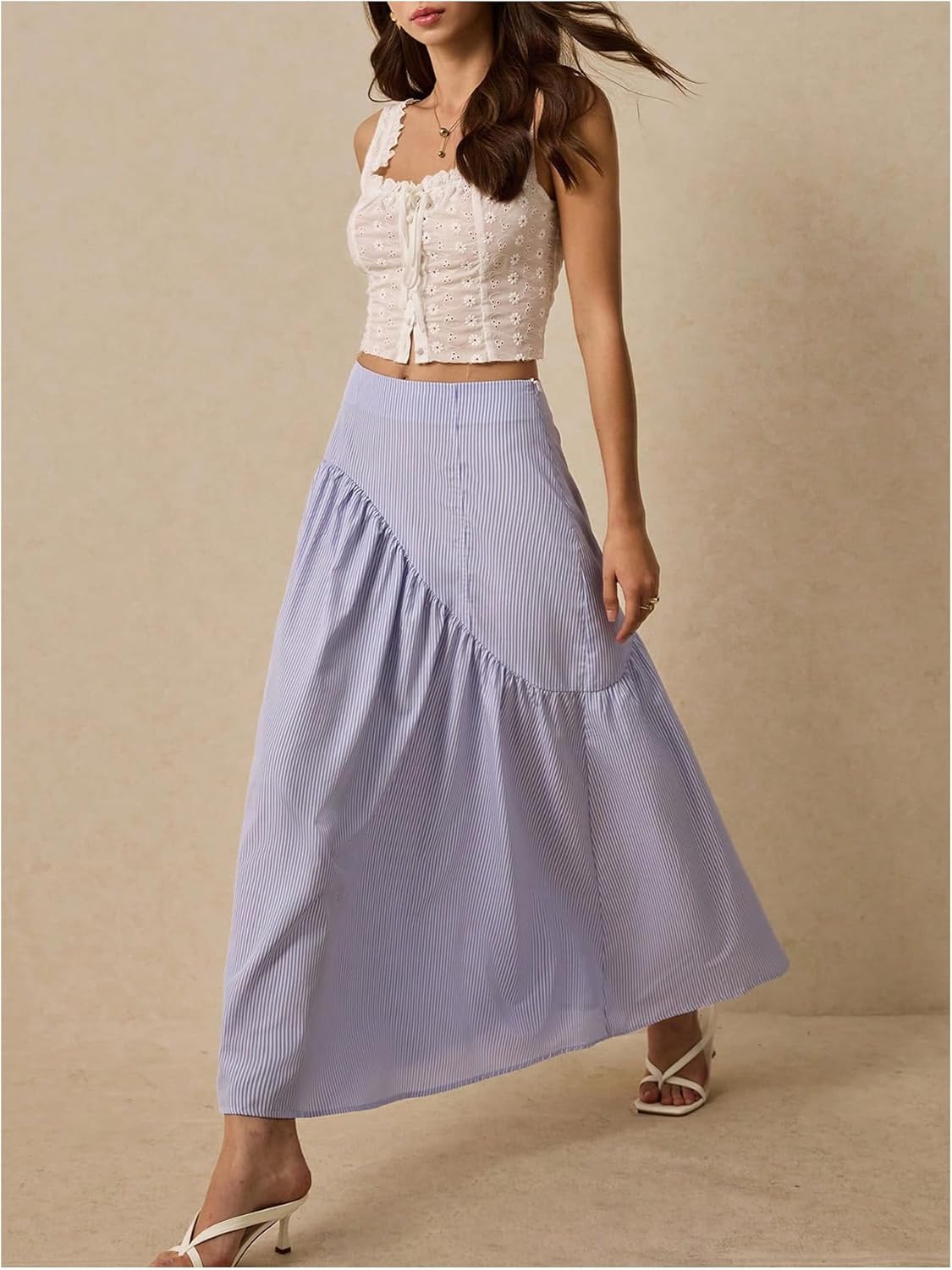 Milumia Women's Striped Print Layered Long Skirt Ruffle Flowy A Line Maxi Skirts - Image 2