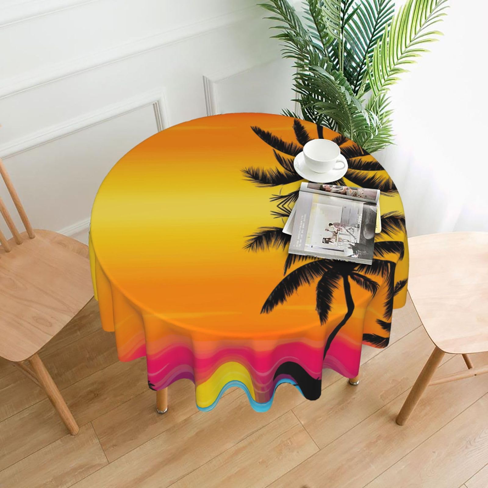 Uusnwaa Sunset Palm Tree Print Round Tablecloth 60 Inch, Stain Wrinkle Resistant Washable Polyester Table Cover For Kitchen Party