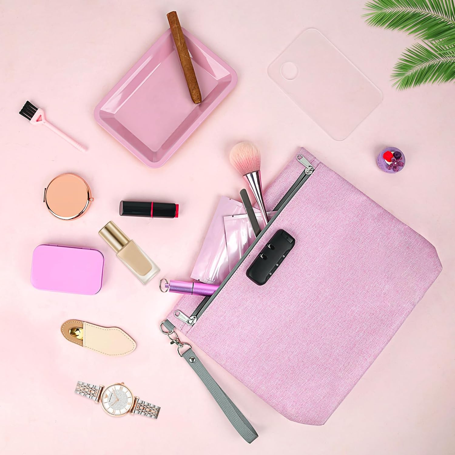 Pink Medium Size Smell Proof Bag with 10 PCS Small Accessories, Water-Resistant Cosmetic Pouch with Combination Lock, Premium Organizers Storage Case, Great Gift for Women.
