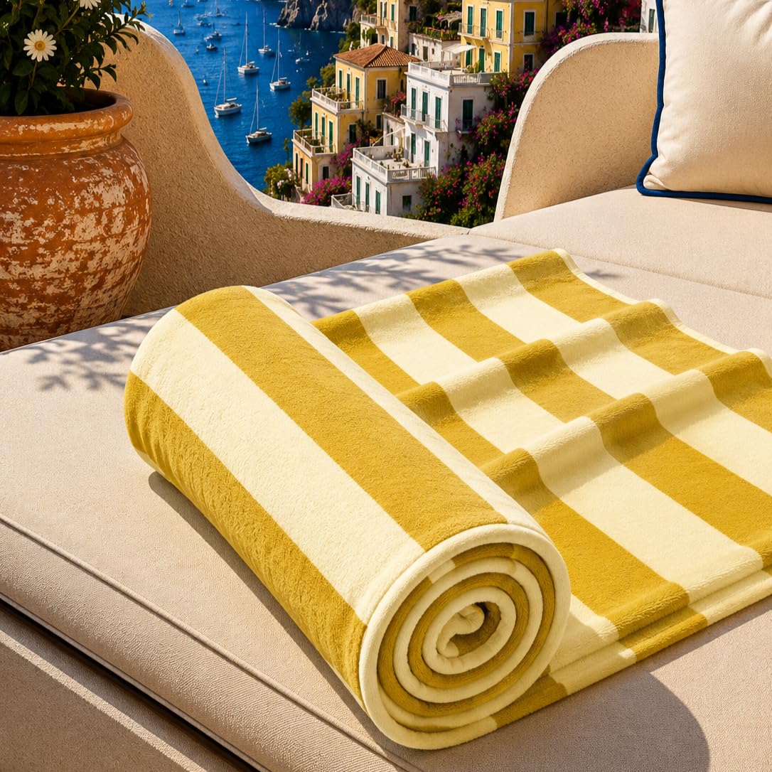 PETTI Artigiani Italiani - Microfibre Beach Towel, Beach or Pool Towel, Beach Towel, Large 90 x 180 cm, Yellow Ochre Cream Stripes