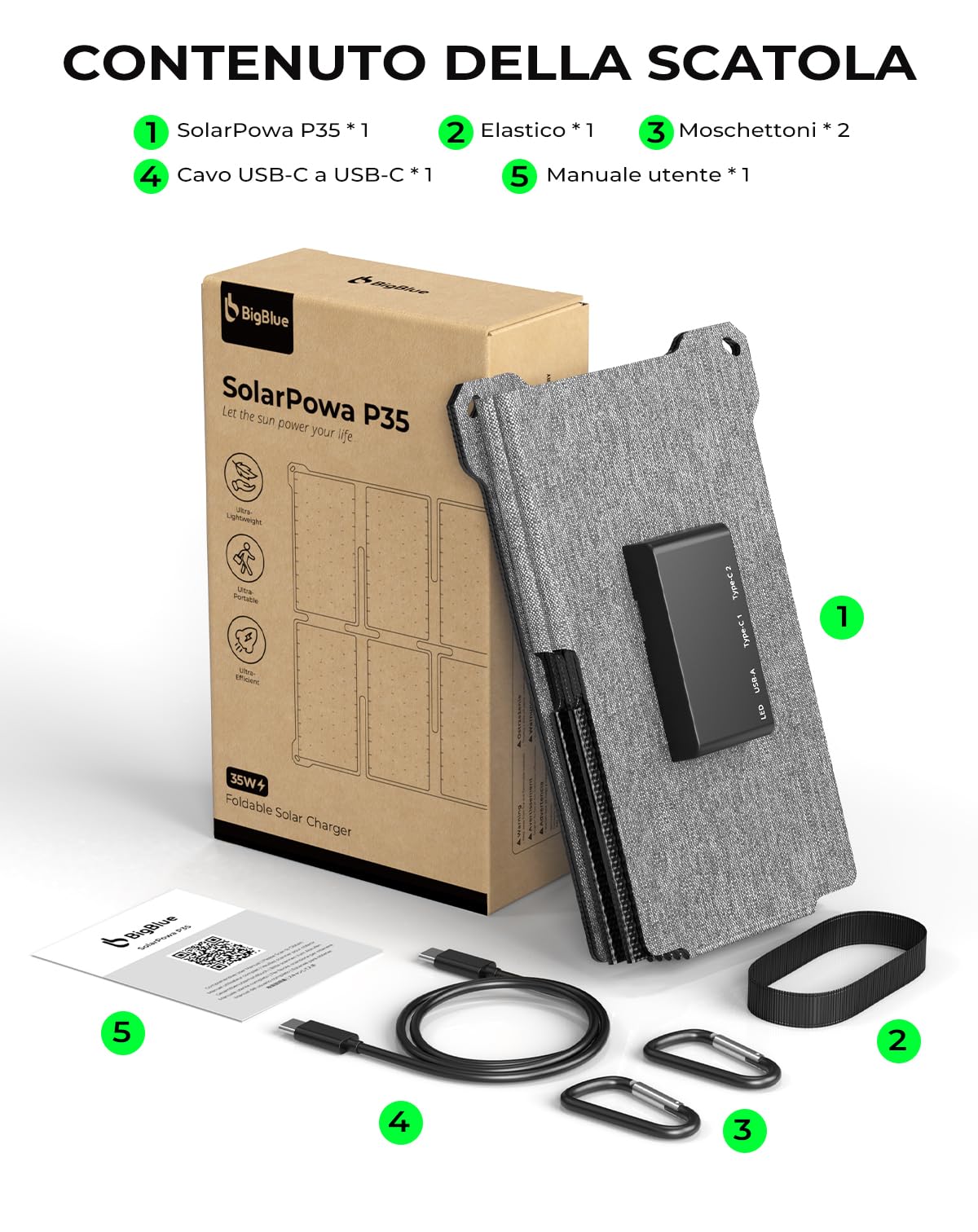 BigBlue Caricabatterie Solare Portatile 35W con Ricarica Rapida USB-A e PD25W USB-C per Camping e Trekking, 0,7 kg Impermeabile IP68, Caricabatterie Solare Pieghevole per iPhone/Android iPad Powerbank