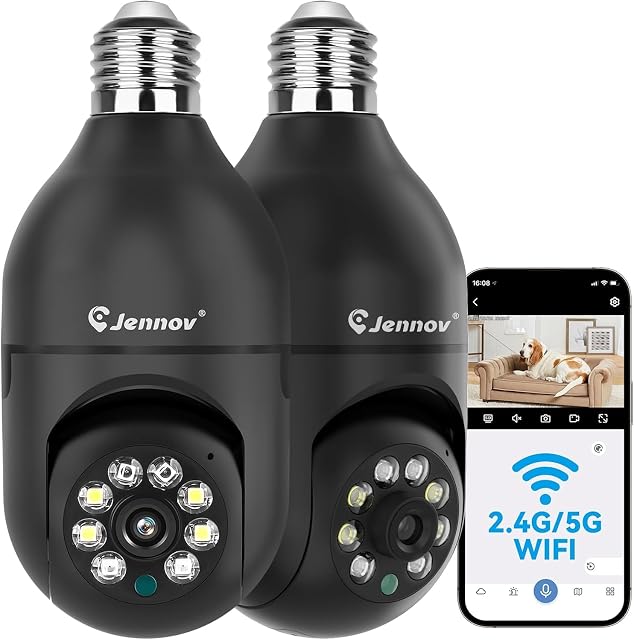 Jennov 2K Light Bulb Security Camera Wireless, Indoor Light Socket Cameras for Home Security, Human Detection, 355°, Color Night Vision, 5G/2.4G WiFi, Screw in, Compatible with Alexa