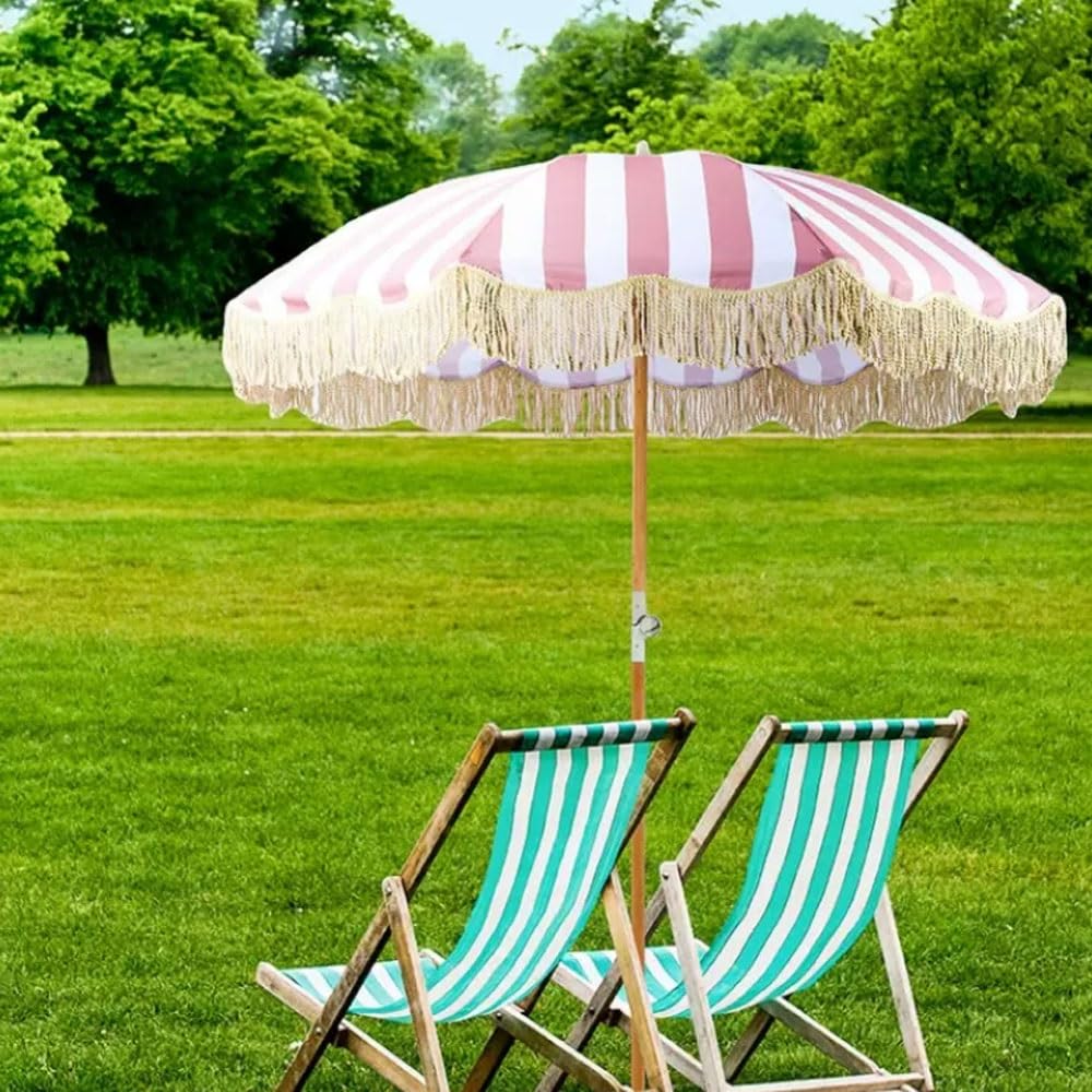Sombrilla de playa de 6.5 pies con borlas blancas, sombrilla bohemia para patio, piscina al aire libre, jardín, mercado, inclinación de 180°