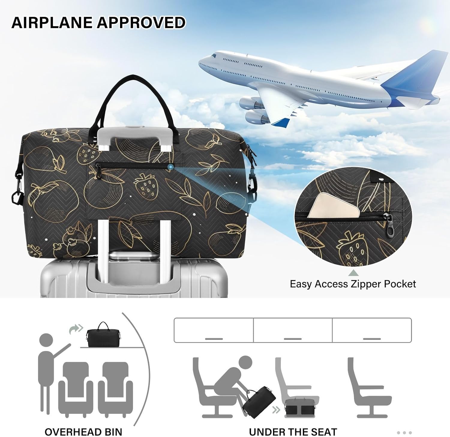 Black Fruit Party Travel Duffel Bags Carry On Personal Item Bag Sports Gym Bag with Adjustable Strap for Sports Foldable