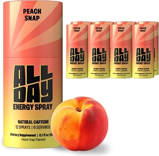 Caffeine Spray, Promotes Focus and Energy (Peach Snap, 8 Bottles, 96 Sprays) | 32mg Natural Caffeine per Spray | Pocket-Size Energy Shot/Drink - Formulated with L-Theanine, Vitamin B12, & Vitamin D