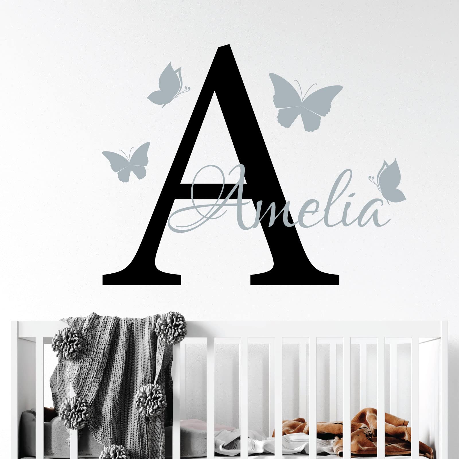 Personalised Name - Initial Letter and Butterflies - Baby Nursery Vinyl Wall Decal Sticker [Medium] [Black] — image 1