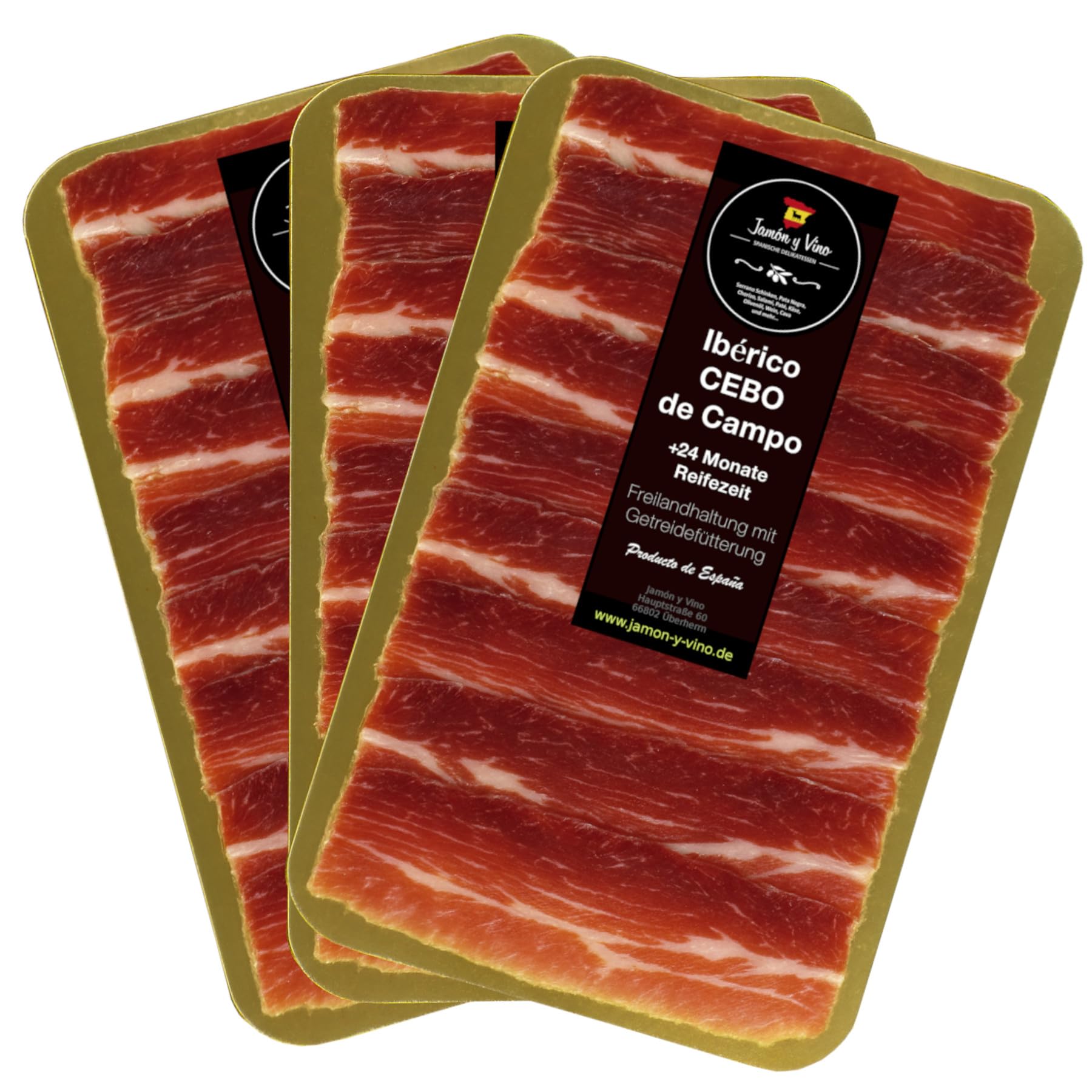3x 150g Ibérico Schinken Reserva Cebo de Campo | +24 Monate gereift | Freiland | hauchdünn in Scheiben | durch Folie getrennt, vakuumiert