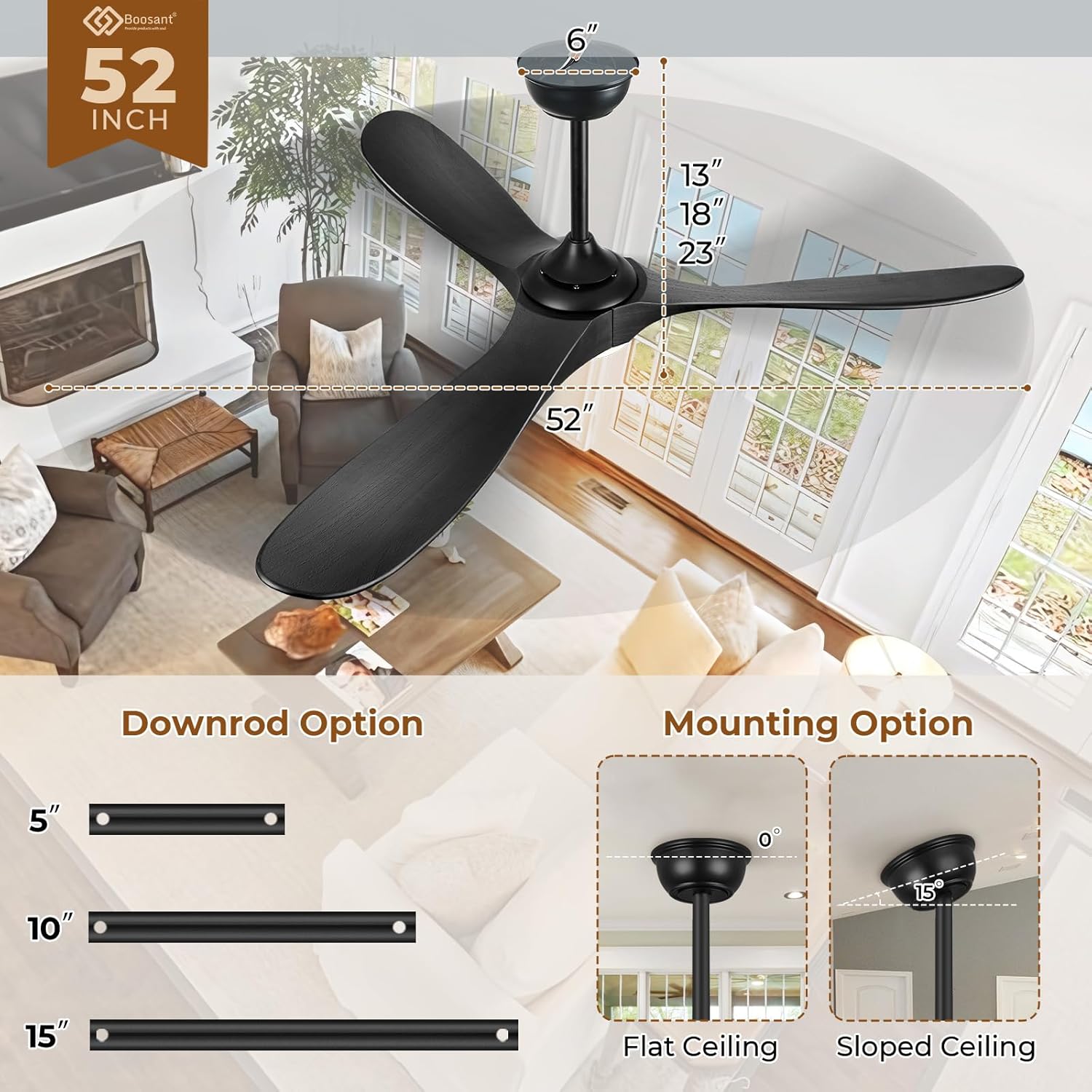 52" Outdoor Ceiling Fans with Lights and Remote Control, Wood Ceiling Fan with Lights High CFM Quiet 3 Blade Wood Walnut Fan, Propeller Ceiling Fan for Outdoor/Indoor/Patio,Matte Black - Image 5