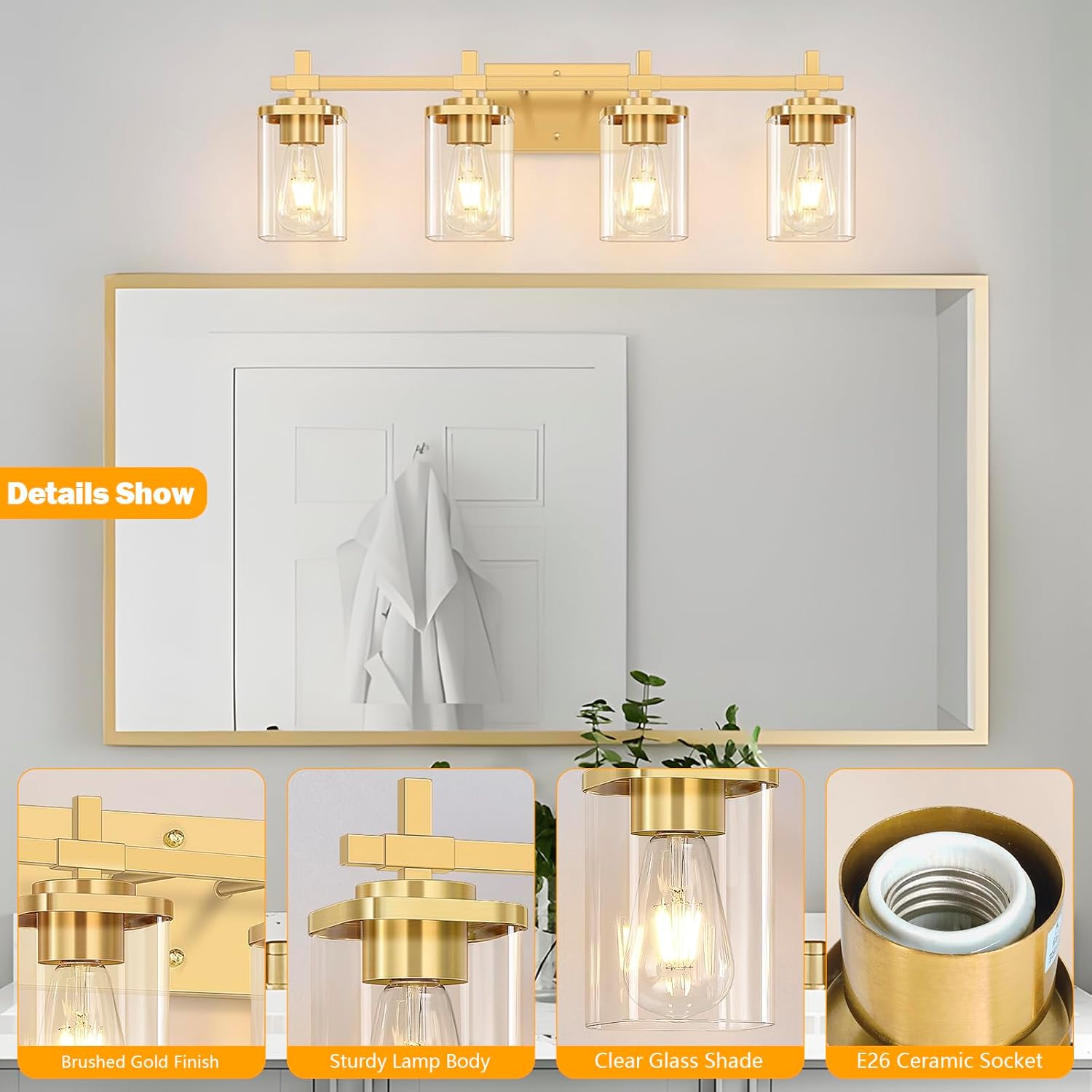 Condition photo showing New/Like New for 4-lights gold bathroom vanity light over mirror, brushed gold bathroom wall lights with glass shades, indoor wall mounted lamp for living room bedroom hallway brushed gold 4-lights