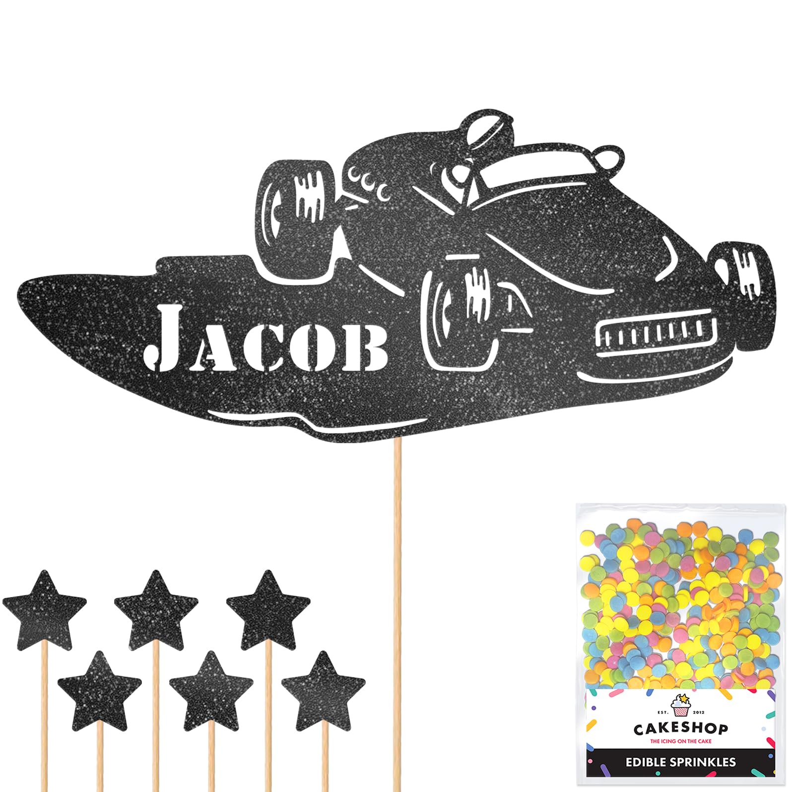 Personalised Classic Vintage Car Glitter Topper - Black Custom Name Glitter Cake Decoration and Sprinkles - Happy Birthday Decorations - Personalised Toppers for Cakes by Cakeshop