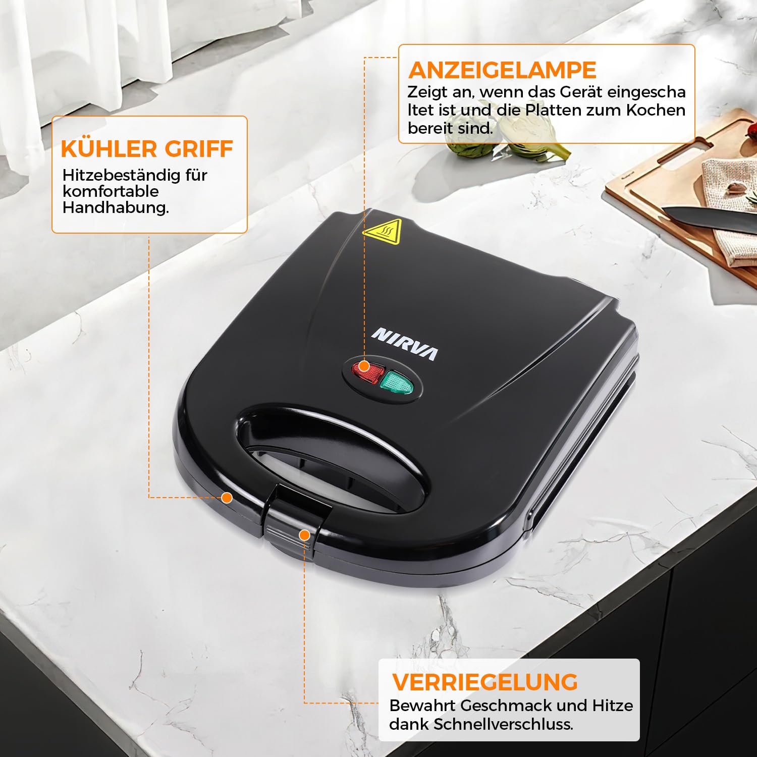 Nirva Appareil à sandwichs double - 750 W, Revêtement antiadhésif, forme classique à deux compartiments pour 2 sandwichs, chauffe rapidement, poignée isolée thermiquement, noir