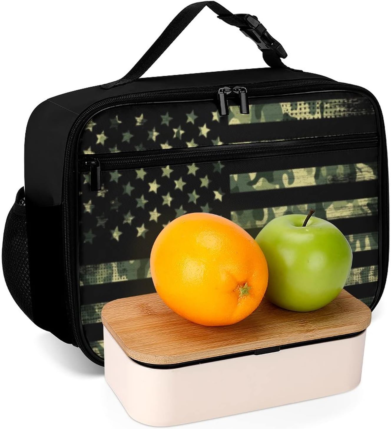 American Flag With Camouflage Reusable Lunch Box Insulated Lunch Bag Cooler Bag Lunchbox Meal Food Container Tote Bag for Women Kids Girls Boy School Camping Hiking Picnic Beach Travel