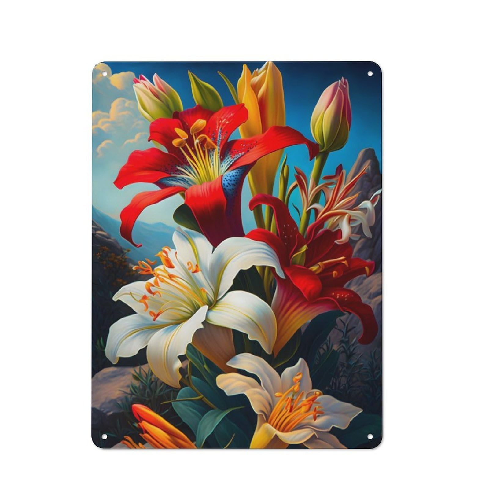 Junmoney Colorful Flower Lilies Printed Metal Sign 40X30cm For Pub Or Café, With Clear Industrial Wall Decor Character