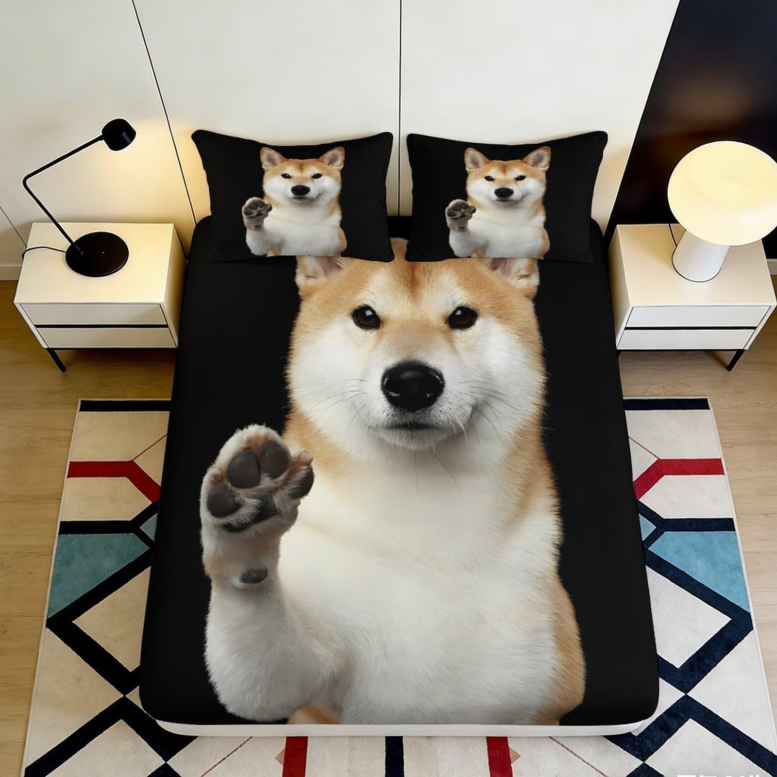 3D Printed Shiba Inu Dog Fitted Sheet Microfiber Soft Breathable Black Paw Mattress Cover for Bedroom Guest Room Decor 90x200x25cm