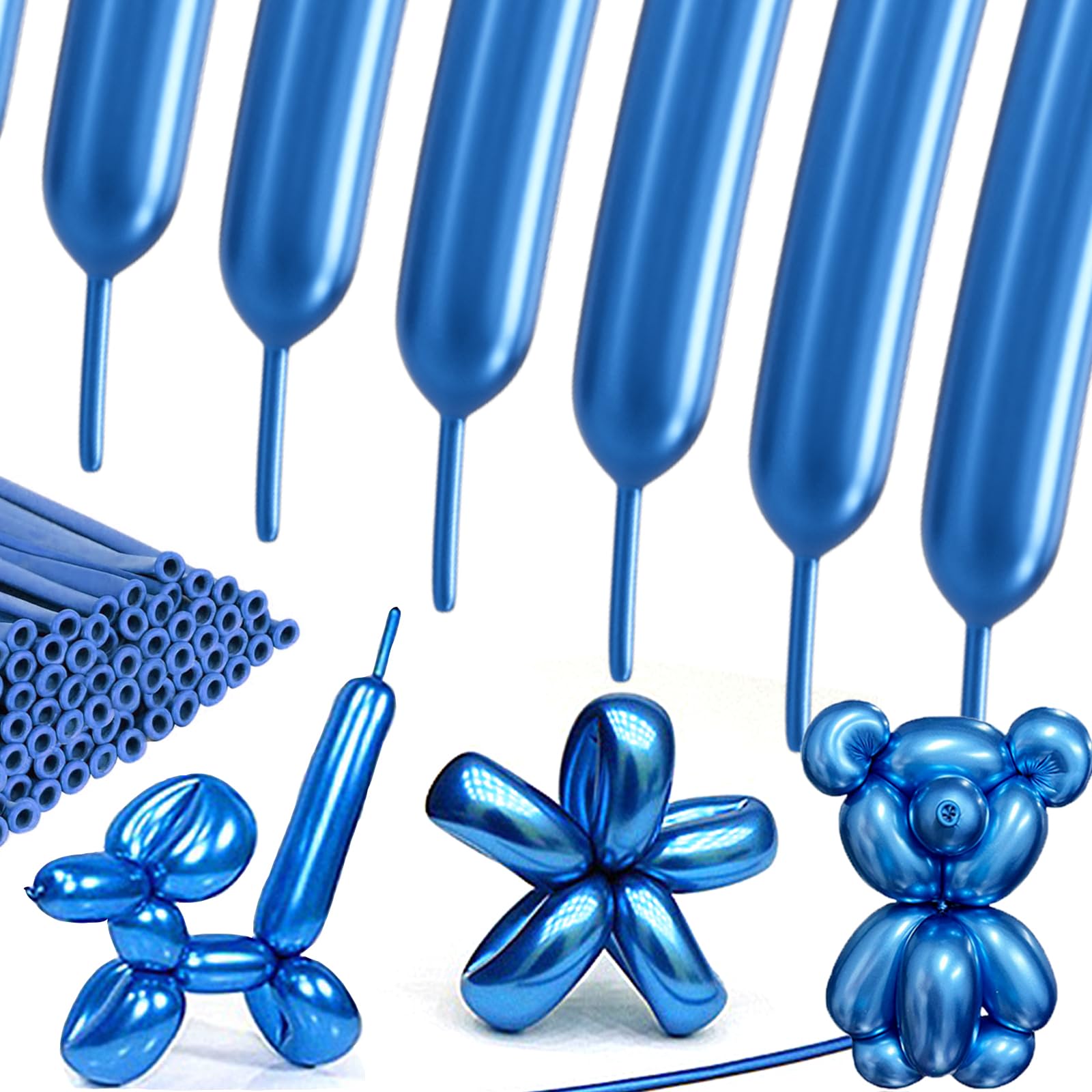 SULALABOO Blue Metallic 260 Balloons 100PCS Latex Long Shiny Balloon to Twisting Flowers Animals for Birthday Party Anniversary Wedding or Other Party