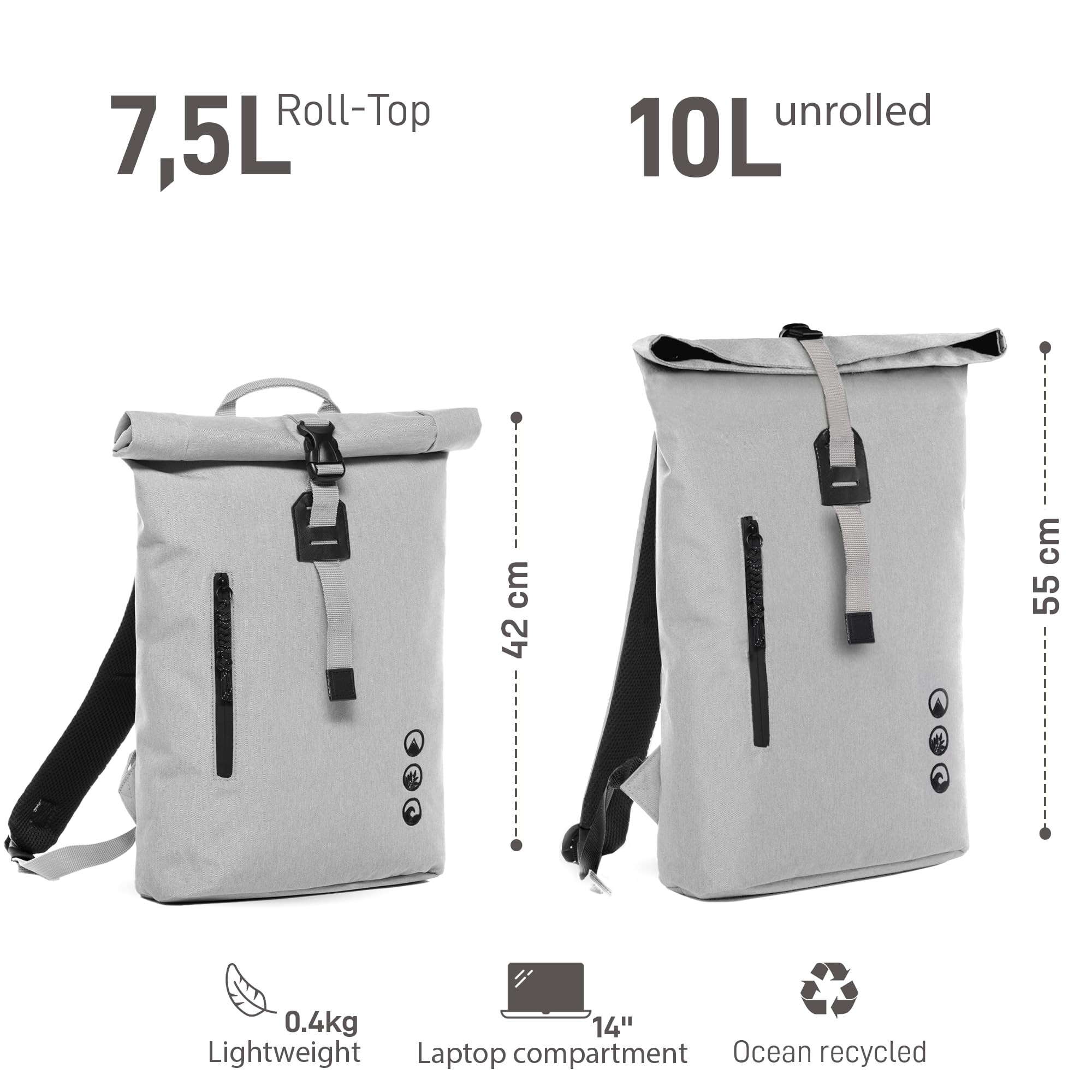 Mochila Roll-Top Daypack Alani - Pet Reciclado, Repelente al Agua - con Funda extraíble para portátil - Plana y Ligera, Mochila para Bicicleta Gris Claro