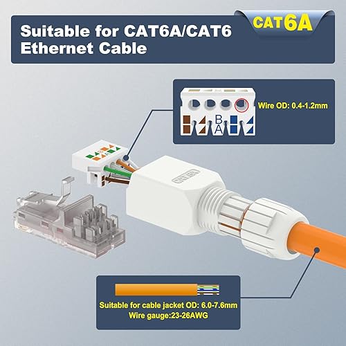 Miniatura 5 de VCELINK Conector RJ45 sin herramientas, enchufe de terminación de campo CAT6A, enchufe modular chapado en oro, herramienta de conector UTP CAT6A