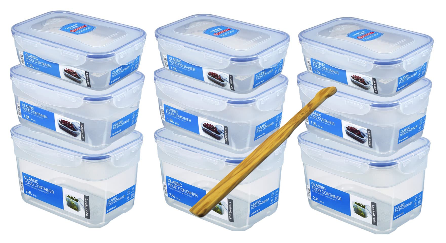 Lock&Lock 9-częściowy zestaw pojemników na żywność z taką samą pokrywką (3 x pudełko 1,2 l, 3 x 1,8 l, 3 x 2,4 l), możliwość układania w stos, pusta w sobie i wielofunkcyjna szpachla do drewna oliwkowego SeleXions
