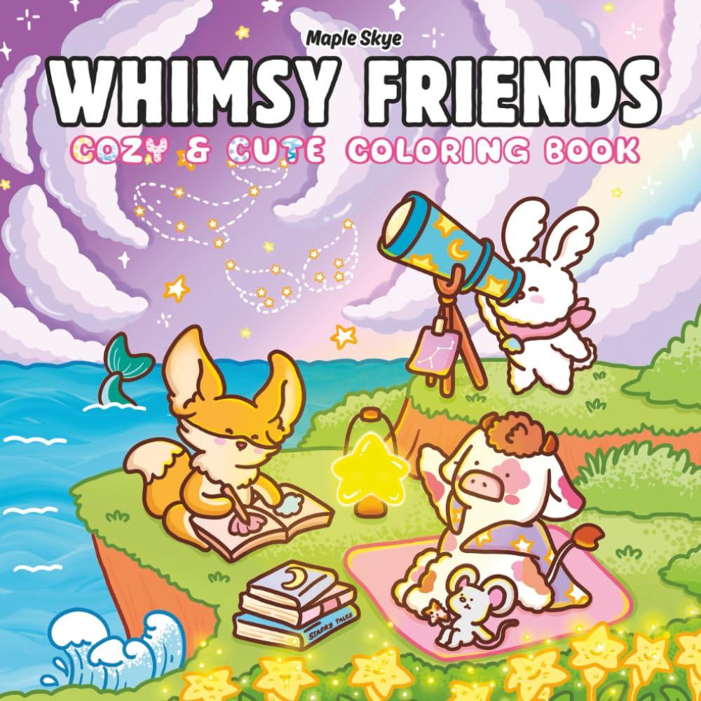Whimsy Friends: A Cozy & Cute Coloring Book for Adults and Teens Featuring Adorable Animals, Dreamy Seaside Hideaways, and Whimsical Moments for Relaxation and Stress Relief (Cute & Comfy Coloring)