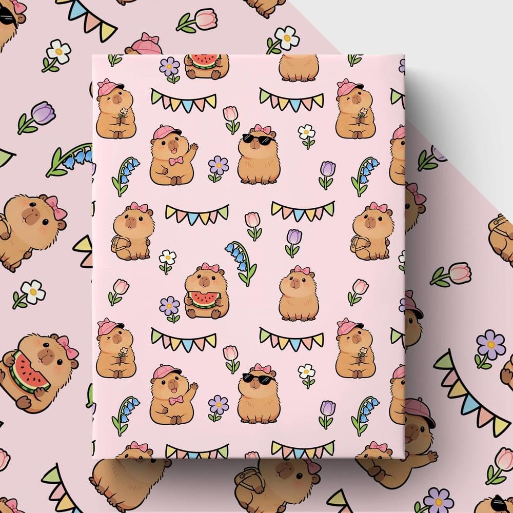 GleeWrap Pink Capybara Wrapping Paper,Cartoon Capybara Gift Wrap for Girls,Premium Art Paper for Kids Birthdays Baby Shower,50 * 70cm