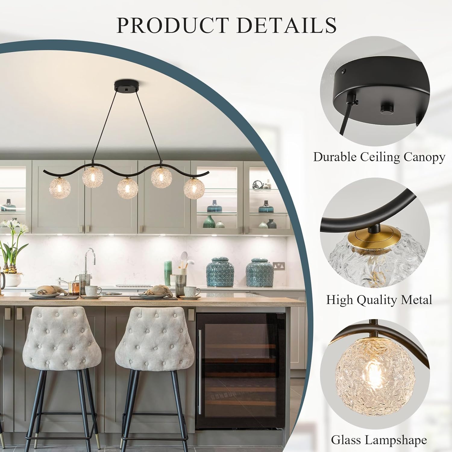 Modern Linear Globe Chandelier Black 5-Lights Dining Room Chandeliers Over Table Mid Century Linear Chandelier Adjustable Height Clear Glass Globe Pendant Light for Farmhouse Kitchen Island