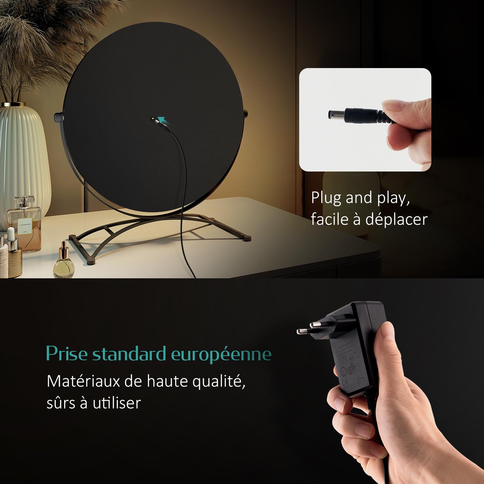 EMKE Hollywood - Espejo de Maquillaje Redondo, diámetro 50 cm, Marco Negro, Espejo de Aumento 7 x con 11 Bombillas LED, Interruptor táctil, rotación 360°, luz 3000K/4000K/6500K