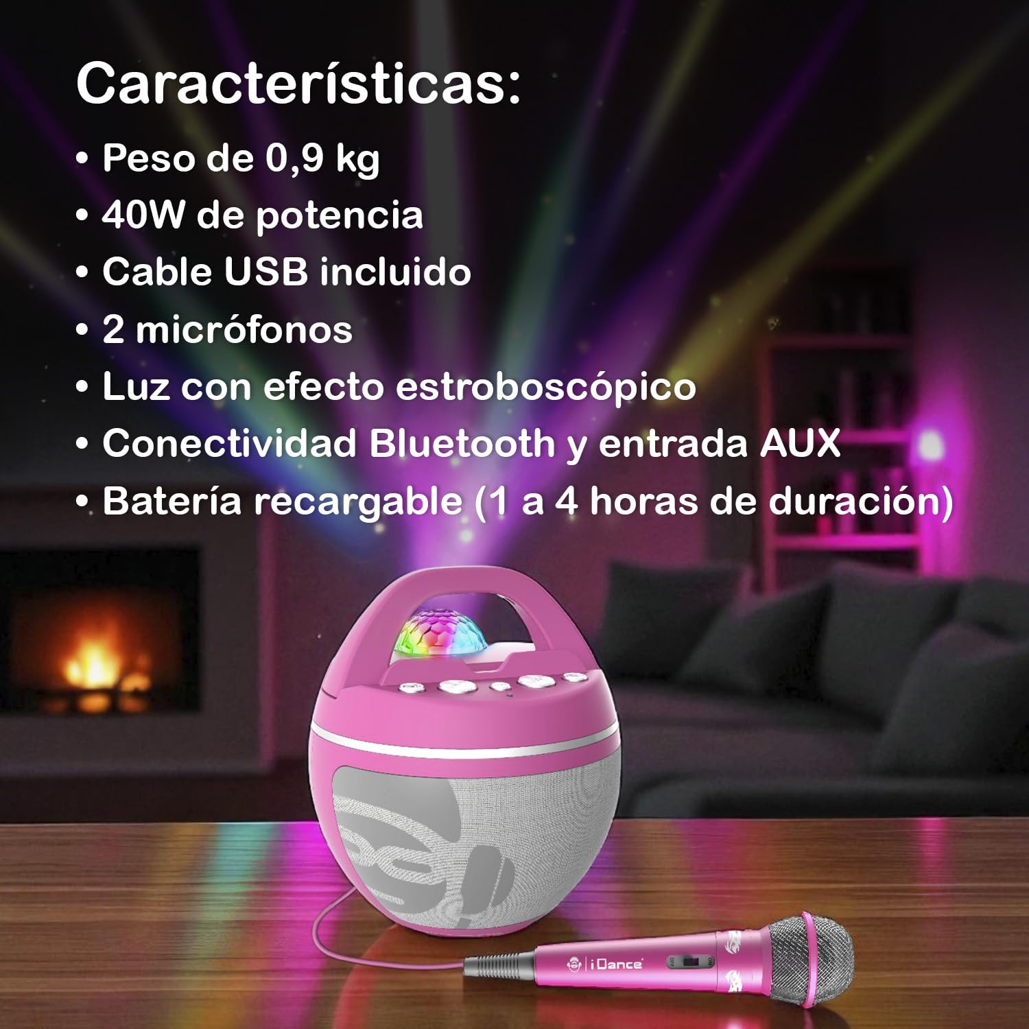 Cefa Toys - iDance Speaker Karaoke Party Ball - Color Rosa - Altavoz Karaoke Bluetooth con 2 Micrófonos Inalámbricos y Luces de Discoteca - 40W Portátil con Batería Recargable - Soporte para Móvil y T