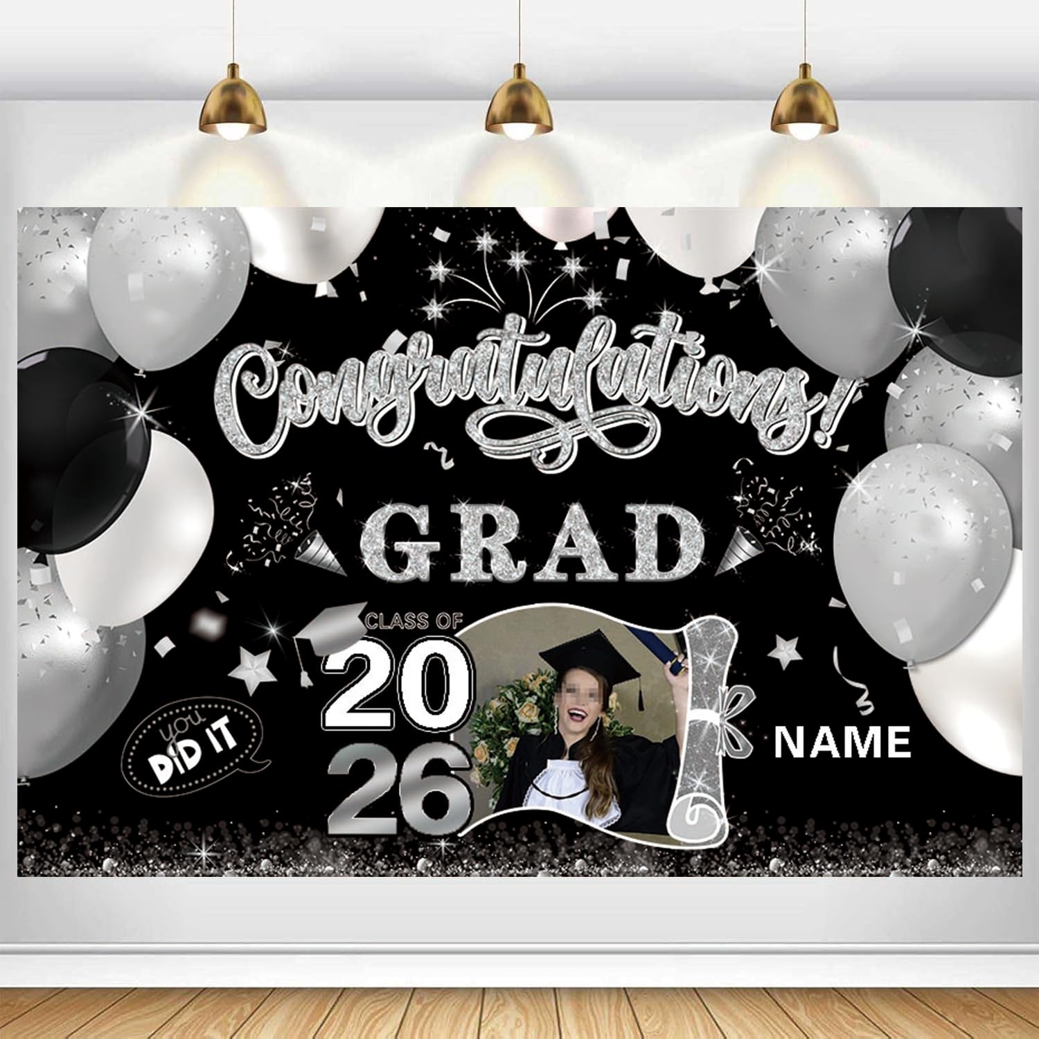 Dicodes Personalized Graduation Banner with Photo 2026 Congrats Grad Photo Booth Backdrop Custom Party Supplies Decorations(A-Black and Silver)