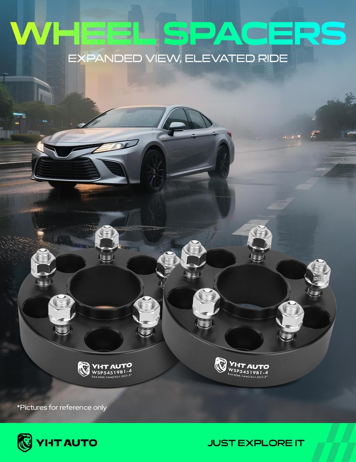 Condition photo showing New/Like New for yhtauto 5x4.5 hub centric wheel spacers 1.5 inch compatible with nissan & infiniti models, altima, rogue, sentra, murano, qx60, 5x114.3mm tire spacers w/ 12x1.25 studs 66.1mm hub bore 5 lug 4pcs black