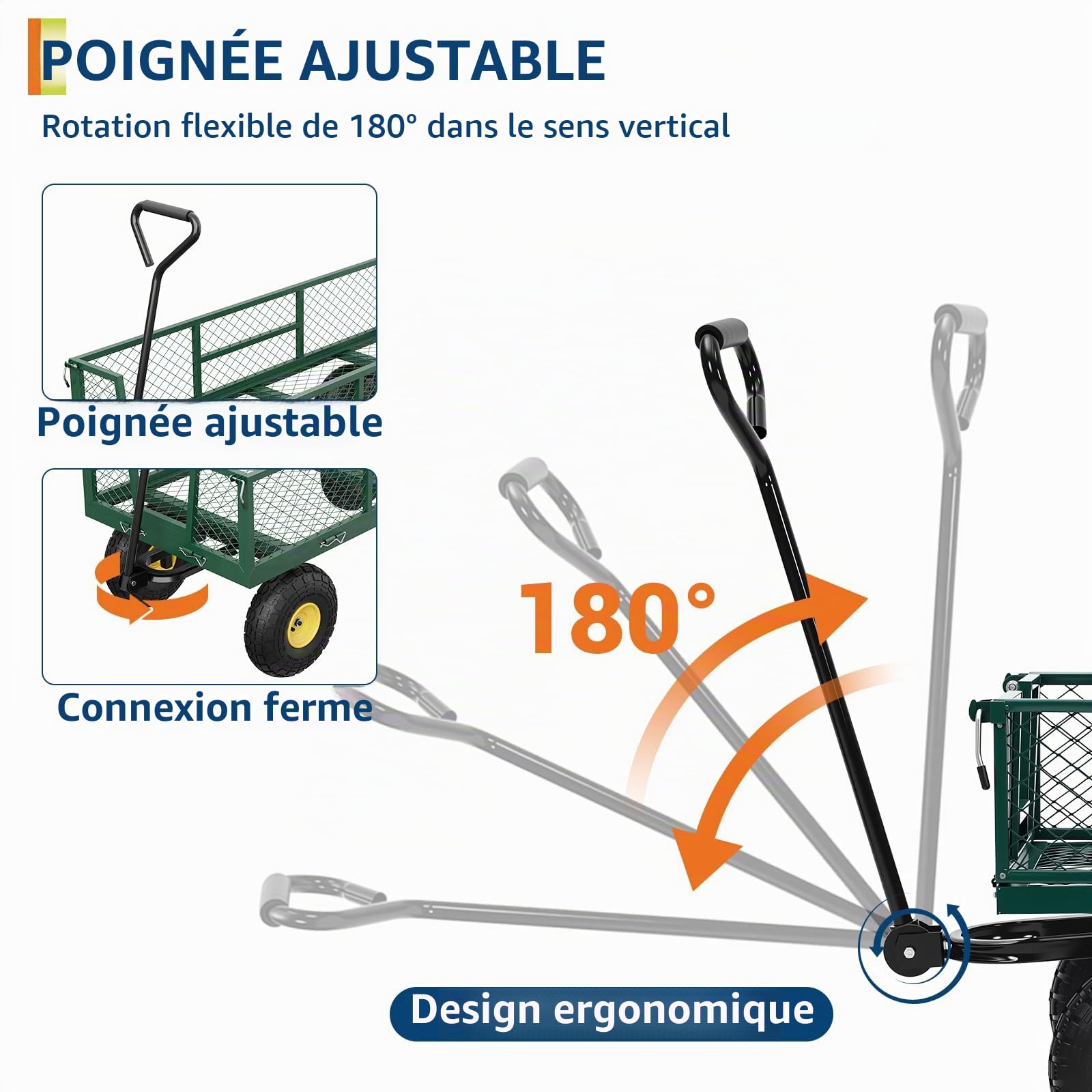 Garvee Chariot de Jardin Robuste 900LBS – Sides en Maille Amovibles – Poignée réglable – Pneus 25 cm – Corps Vert, poignée Noire, Rayons Jaunes