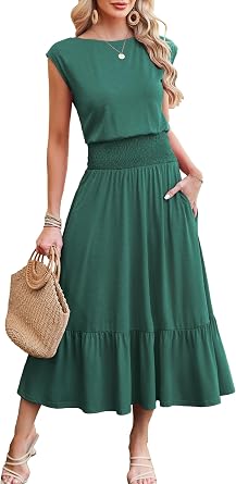 Kikibell Womens Summer Dresses Cap Sleeve Elastic Waist Midi Dress with Pocket Long Causal Sundress Beach Vacation Outfits