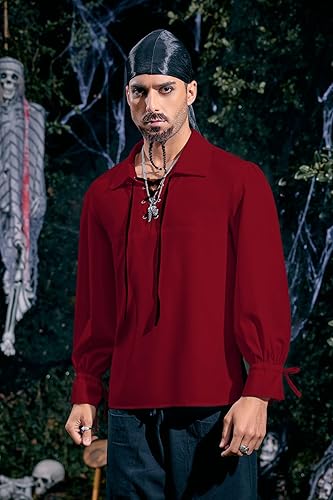 Miniatura 2 de Camisa de pirata medieval para hombre, vikingo, renacentista, con cordones, mercenario, Halloween, jacobita escocés, ghillie