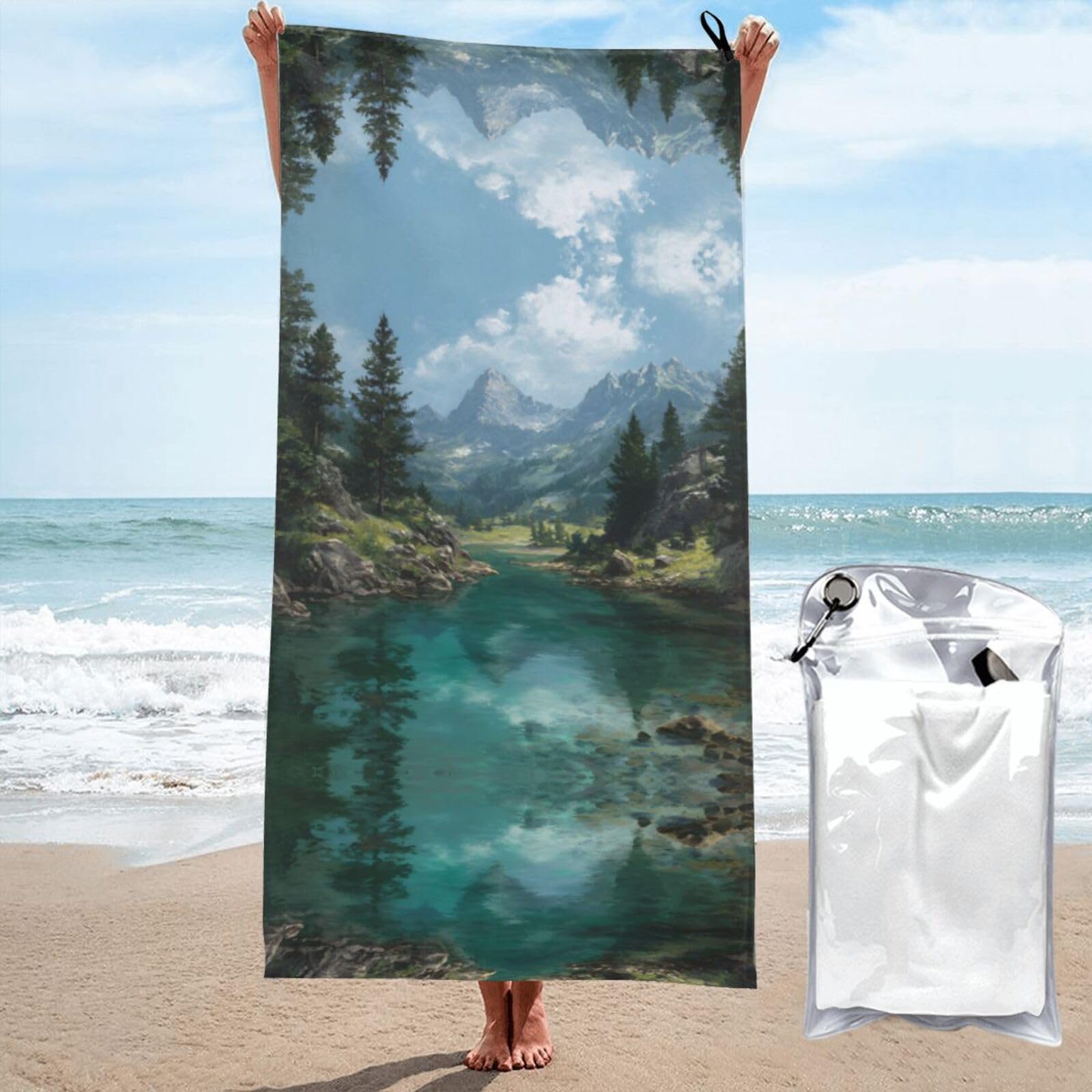 ESNAIUVCD Tranquil Lake Print Beach Towel, Microfibre Sauna Towel, Quick-Drying Fitness Towel, Lightweight And Thin Portable Sauna Towel