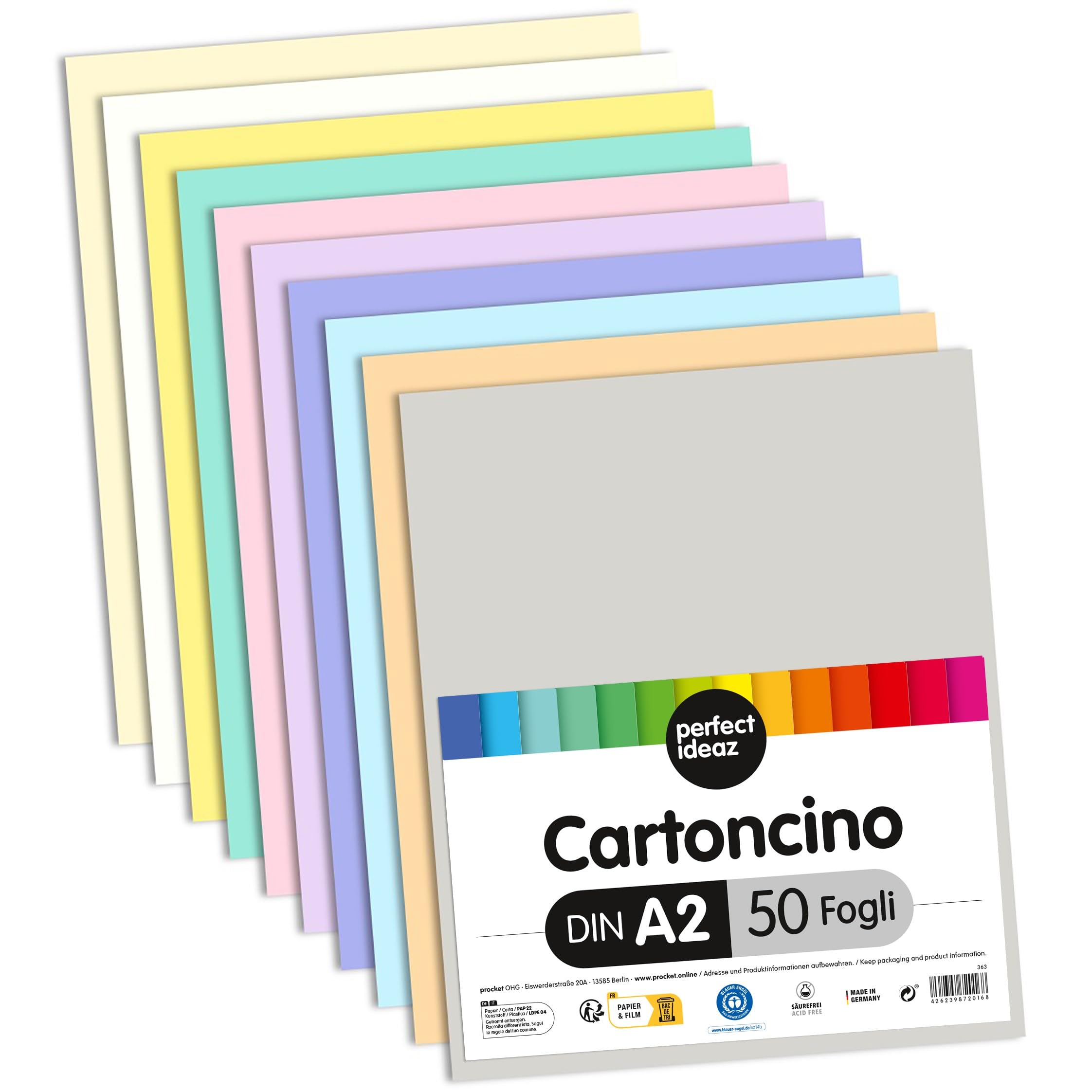 perfect ideaz • 50 fogli di cartoncino fotografico DIN-A2, 10 colori, cartoncino riciclato stabile 300 g/m², Made in Germany, certificato Blue Angel